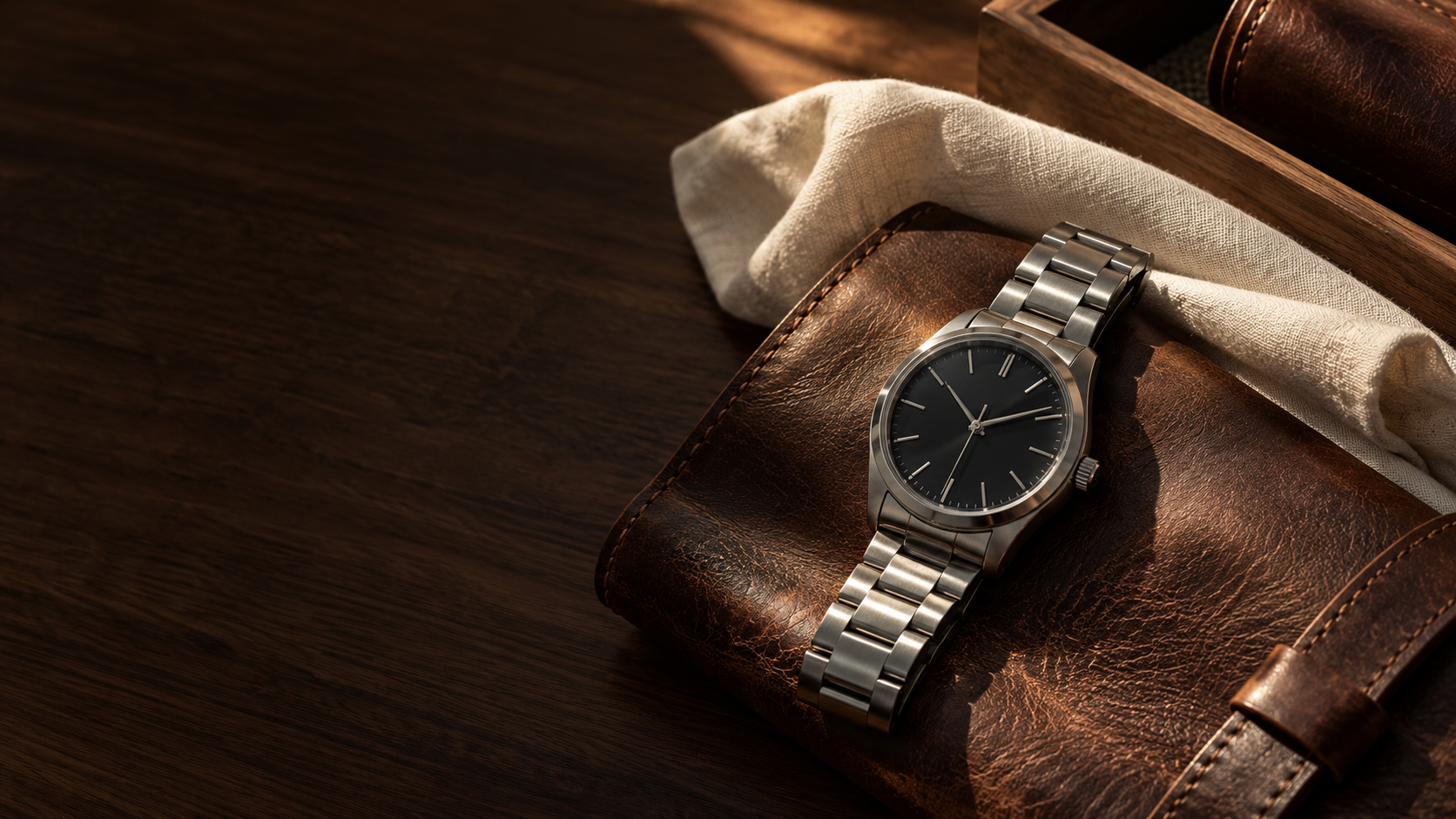 A steel wristwatch resting on tobacco leather beside an ivory cloth and walnut wood